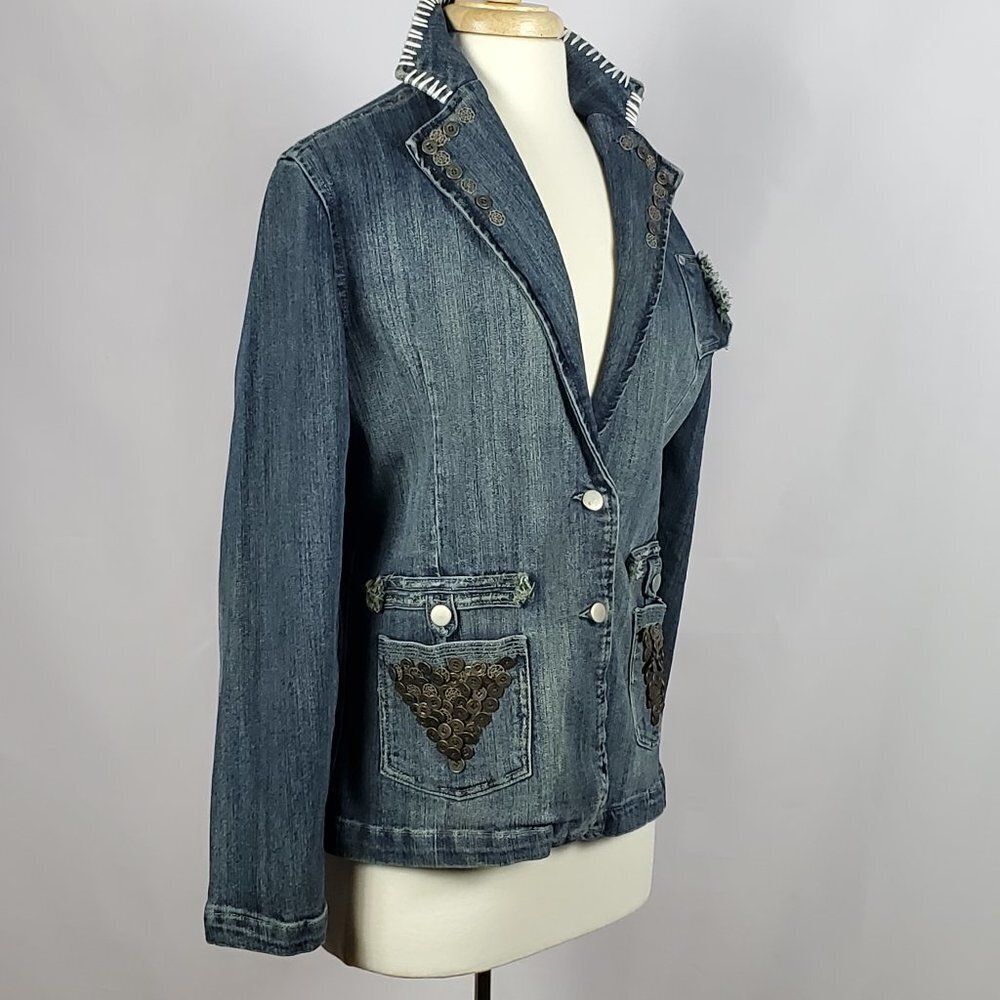 Weigesi Embroidered, Embellished, Distressed Denim Blazer Sz XL Jr / M8 Women - Picture 3 of 12